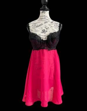 Cacique Hot Pink Babydoll Chemise Lingerie Black Lace Underwire Sheer 14/16